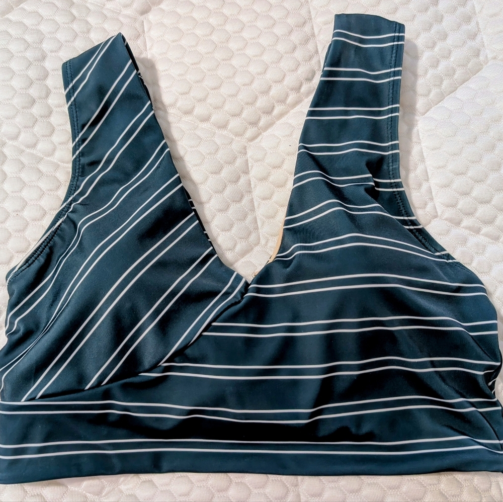 Nani V Crop Striped Dark Teal and White Swim Top